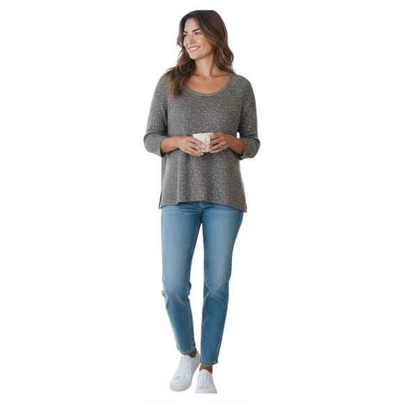 Eileen Fisher Gray Linen Blend Sweater With Silver Metallic Overlay Size Medium
